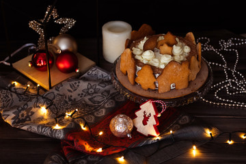 Homemade New Year's cherry cake in New Year's entourage