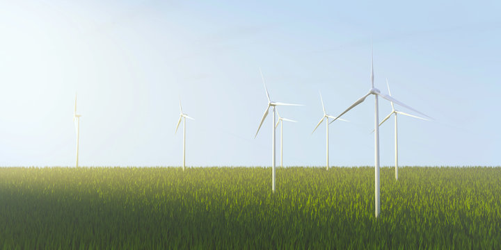 Windmill turbine for electric power and eco power green field 3D rendering.