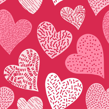 Romantic Seamless Pattern With Cute Images Of Hearts On A Pink Background. The Style Of Children's Drawing.