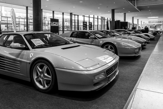 STUTTGART, GERMANY - MARCH 03, 2017: The various modifications of sports cars Ferrari Testarossa and F512 TR. Black and white. Europe's greatest classic car exhibition "RETRO CLASSICS"