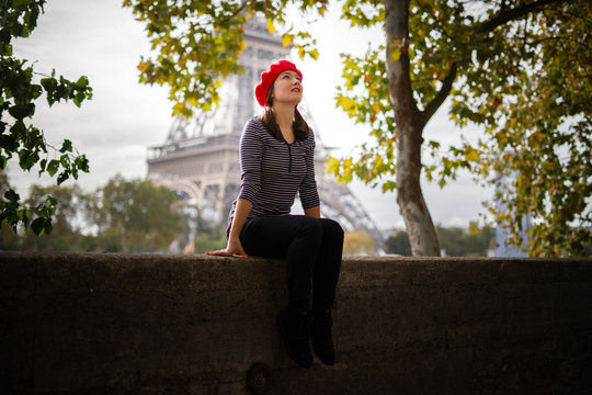 Dreaming Girl With Red Beret In Paris