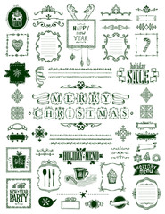 Christmas and New Year sketch elements set, hand drawn doodle graphic line elements - ribbons, frames, menus, dividers and phrases