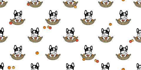 dog seamless pattern french bulldog vector fruit basket orange scarf isolated cartoon repeat background tile wallpaper illustration white design