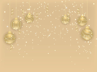 Fototapeta na wymiar Merry Christmas and Happy New Year. Beautiful New Year background with gold hanging balls and ribbons. Elegant background for christmas design. Vector illustration.