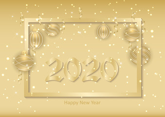 Beautiful New Year background with gold hanging balls, ribbons and a frame. Elegant background for christmas design. Vector illustration. - 308793923