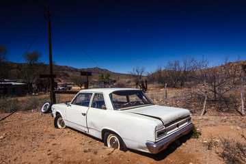 Wrecked car at Hackberry General Store at Route 66