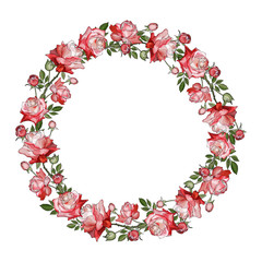 Vector wreath with red white flowers roses and green leaves on white background. Place for text. Hand drawn.Round frame for your design, greeting cards, wedding invitations. Floral stock illustration.