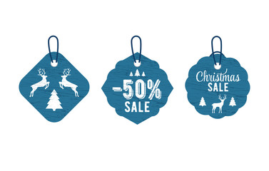 Christmas vintage tag set lettering in beautiful style on white background. Vector card design. Vector badge. Christmas tree decoration. Silhouette deer and tree. Design element set.