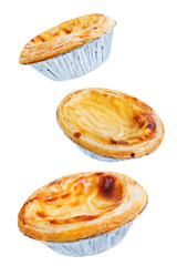 Portuguese custard pies, Pastel de Nata or Pastel de Belem on a white isolated background