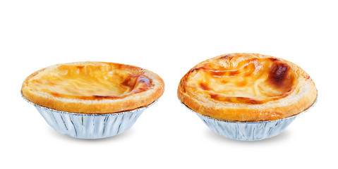 Portuguese custard pies, Pastel de Nata or Pastel de Belem on a white isolated background