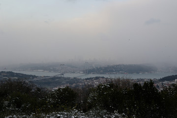 Istanbul in a fog in winter, view from the highest point of the city