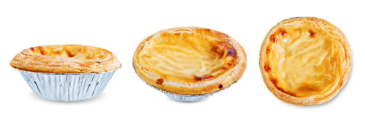 Portuguese custard pies, Pastel de Nata or Pastel de Belem on a white isolated background