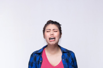 Image of feeling excited, shock, surprise and happy. Young asian woman standing on white background. Female face expressions and emotions body language concept.