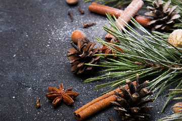 Beautiful Christmas Background with copy space for your text. Pine branch, cones, cinnamon, nuts covered with snow