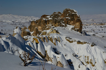 winter snowy view of amazing rock formations in Cappadocia, Turkey