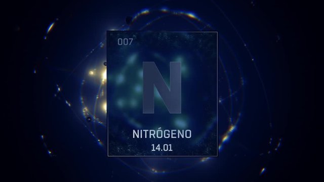 Nitrogen as Element 7 of the Periodic Table. Seamlessly looping 3D animation on blue illuminated atom design background with orbiting electrons. Name, atomic weight, element number in Spanish language