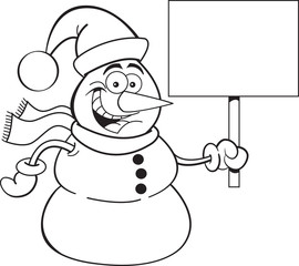Black and white illustration of a snowman wearing a Santa hat and holding a sign.