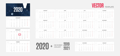 Wall Monthly 2020 Calendar vector space template