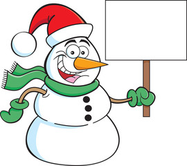 Cartoon illustration of a snowman wearing a Santa hat and holding a sign.