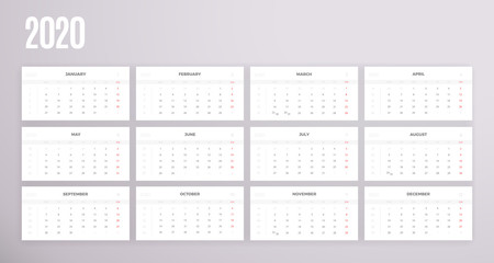 Wall Monthly 2020 Calendar vector white template