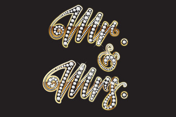 Mr. and Mrs. gold diamonds bling wedding design lettering text vector image