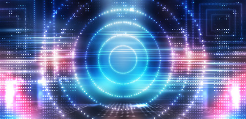 Futuristic abstract neon background, geometric shapes. Abstract light, rays and lines. Empty night scene.