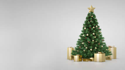 Amazing luxury Christmas tree with golden gift boxes and side copy space. 3D render. Christmas tree flasher. Merry Christmas and Happy New Year. Xmas presents under the tree. Decorative Pine spruce.