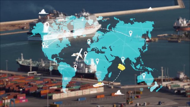 e-Logistics international delivery concept, World map with logistic network distribution on background, cargo ships delivery containers in port stock. background for Concept of fast or instant