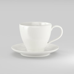 Obraz na płótnie Canvas White porcelain cup and saucer on a gray background, cup for drinks, tea and coffee, mockup for advertising and design. 3d illustration.
