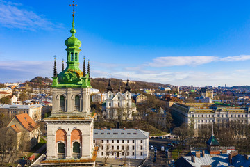 Obraz premium Aerial view on Dormition Church in Lviv, Ukraine from drone