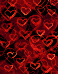 Fototapeta na wymiar Abstract watercolor background Dark Heart, with texture of paper, hand draw. Red hearts on dark background. Design for backgrounds, wallpapers, prints, covers and packaging