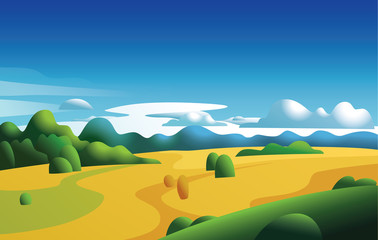 Vector illustration of stylized natural landscape with fields and forest. Minimalist modern style.