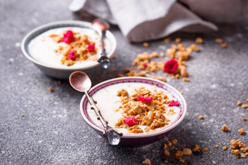 Granola with yogurt and dried raspberries