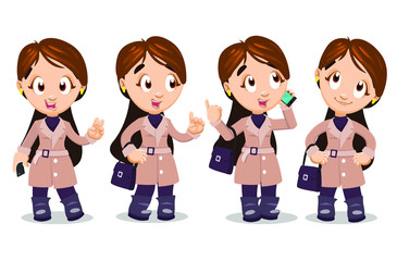 Vector set with elegant brown long haired young woman in pink fall coat. Girl standing, showing peace, victory gesture, talking, giving advise, speaking by smartphone, looking up. Cartoon on white.