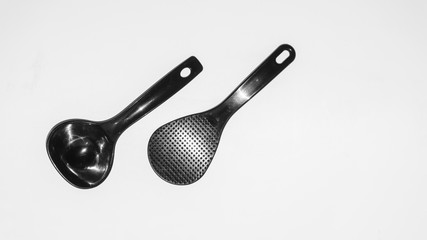 Plastic cutlery isolated on a white background. Flat lay with space for copy space. Set of cutlery for the designer.