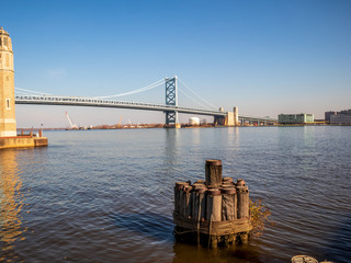 Delaware River and Benjamin Franklin Bridge into downtown Philadelphia, Pennsylvania