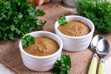 Liver souffle in a white bowl on the table