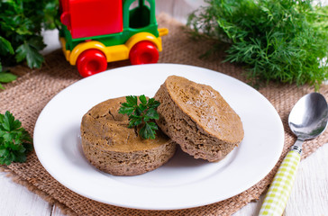 Liver souffle in a white bowl on the table