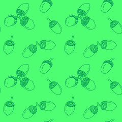 Acorn hand drawn seamless pattern. Blue elements on bright green background. Good for fabric, textile, wrapping paper, wallpaper, baby room, kitchen, packaging, paper, print, etc. 