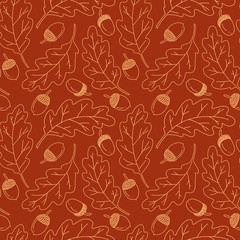 Oak leaves and fruits hand drawn seamless pattern. Blue elements on light blue background. Good for fabric, textile, wrapping paper, wallpaper, baby room, kitchen, packaging, paper, print, etc. 