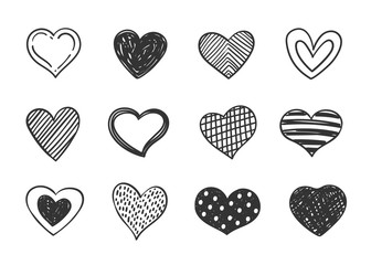 Set of doodle decorated heart shaped symbols. Collection of different hand drawn romantic hearts for web site, sticker, label, love logo and Valentines day design. - 308803146