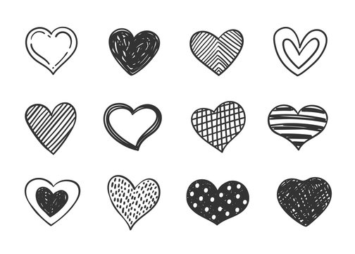 Set of doodle decorated heart shaped symbols. Collection of different hand drawn romantic hearts for web site, sticker, label, love logo and Valentines day design.
