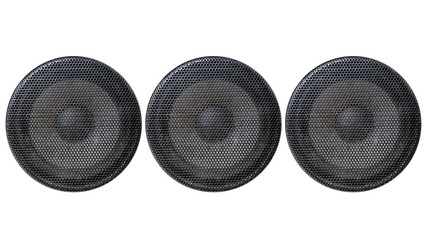 Music and sound. Front view of three old grey sound system speakers isolated on white