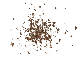 Grated chocolate. Heap of ground chocolate isolated on white background with clipping path, closeup.