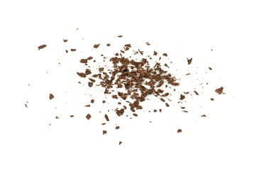 Grated chocolate. Heap of ground chocolate isolated on white background with clipping path, closeup.