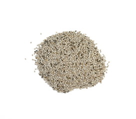 Chia seeds isolated on white background. heap of natural black chia seeds vegan gluten-free organic, healthy diet vegetarian superfood with antioxidant, omega-3, protein, mineral nutrients.