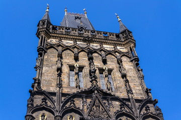Obraz premium Powder Gate Tower architectural detail, the Royal Route start, Old Town, UNESCO World Heritage Site, Prague, Czech Republic, sunny day