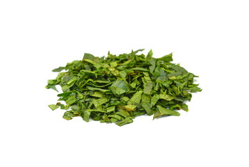 Fresh green chopped parsley leaves isolated on white background and texture, top view. Chopped parsley on a white background isolated. Chopped Parsley Leaves. Fresh Herbs 