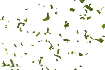 Fresh green chopped parsley leaves isolated on white background and texture, top view. Chopped parsley on a white background isolated. Chopped Parsley Leaves. Fresh Herbs 