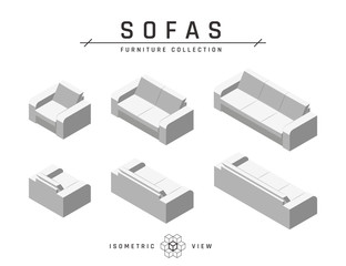 Isometric sofa, set of icons in flat style